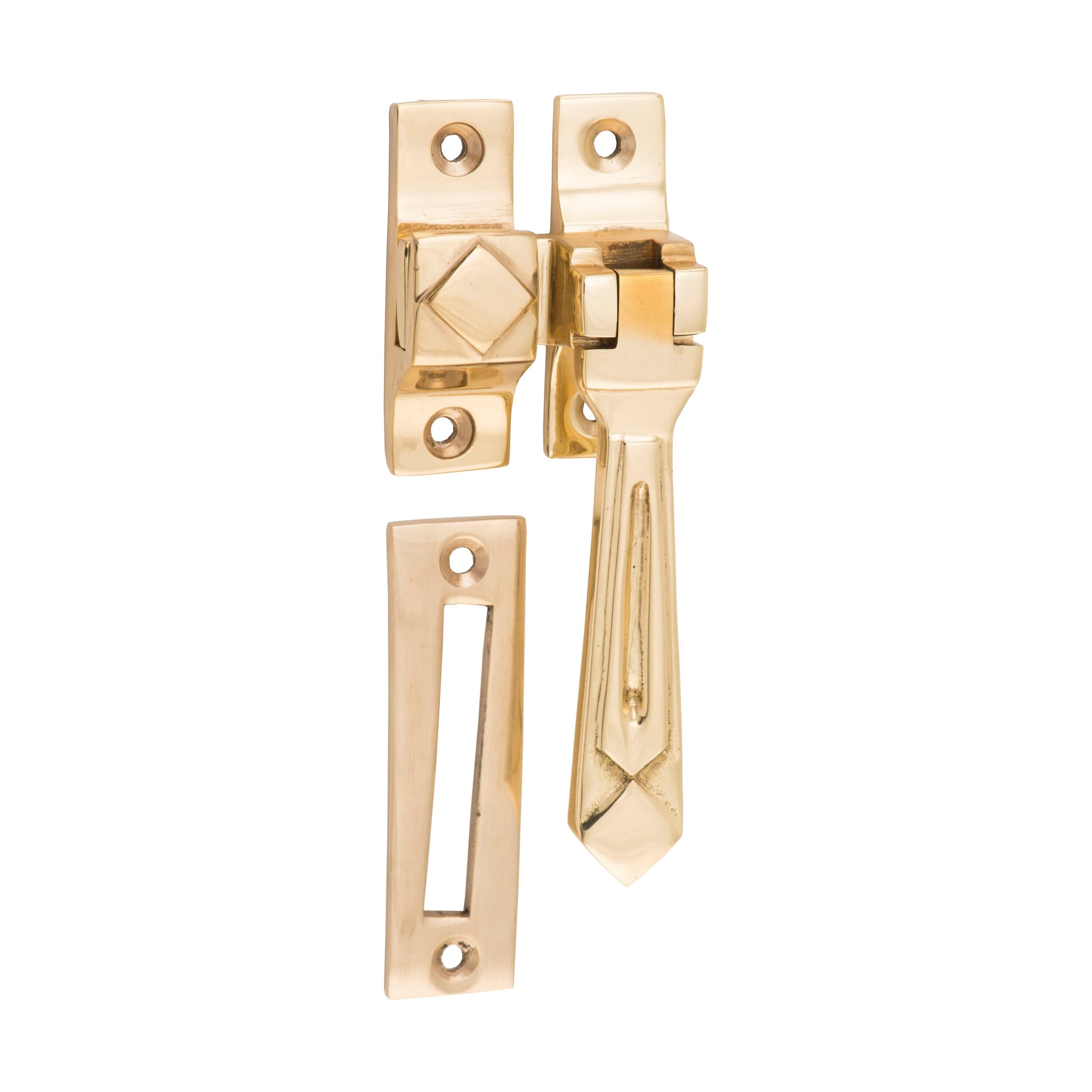 1738 Casement Fastener Deco Polished Brass W50xP25mm Drop 85mm