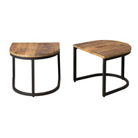 Two accent tables feature wooden tops with metal legs, exuding an industrial design charm. Crafted from mango wood, one has a round top and the other boasts a half-moon shape, perfect for enhancing your space's character just like the stylish Hartford 3 Piece Nesting Timber Coffee Table Set.