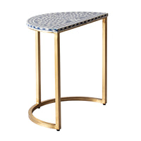 Bone Inlay Half Moon Side Table Blue with Gold Frame 53cm