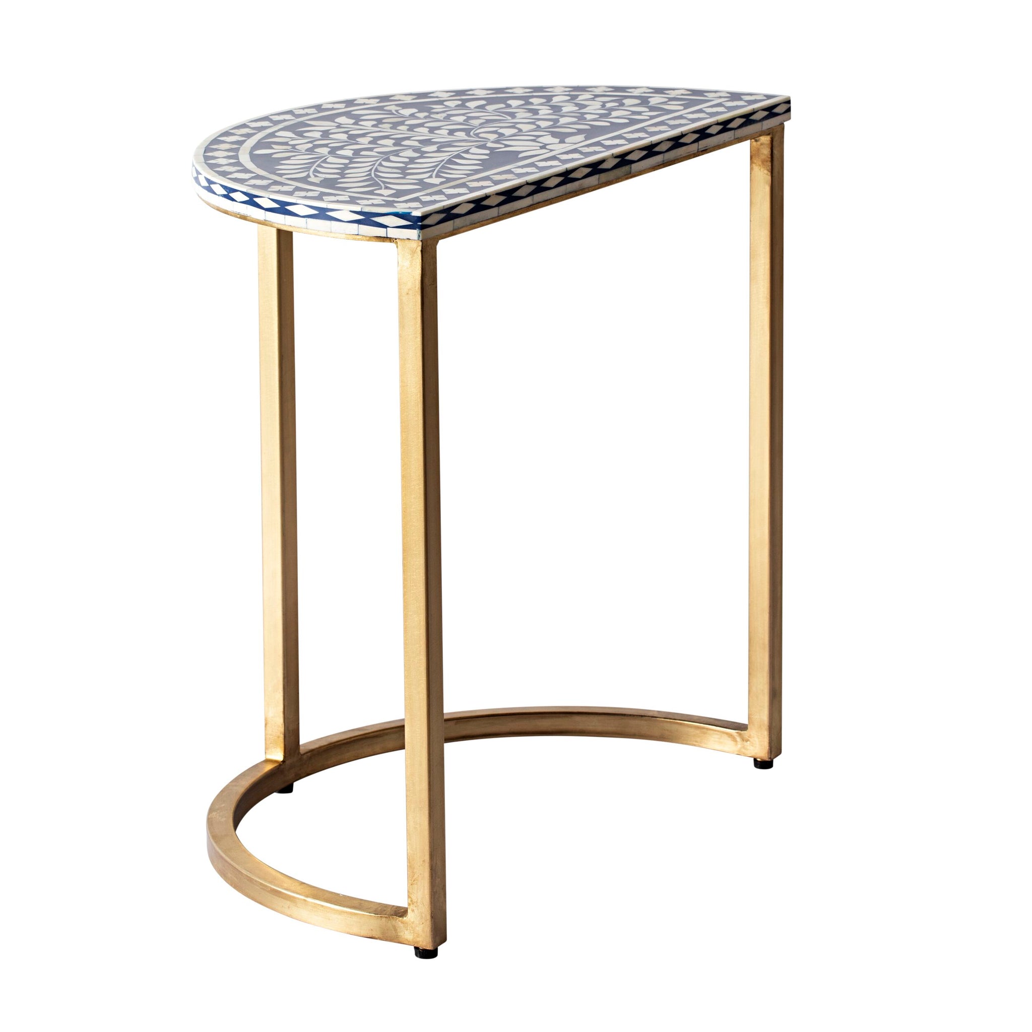Bone Inlay Half Moon Side Table Blue with Gold Frame 53cm