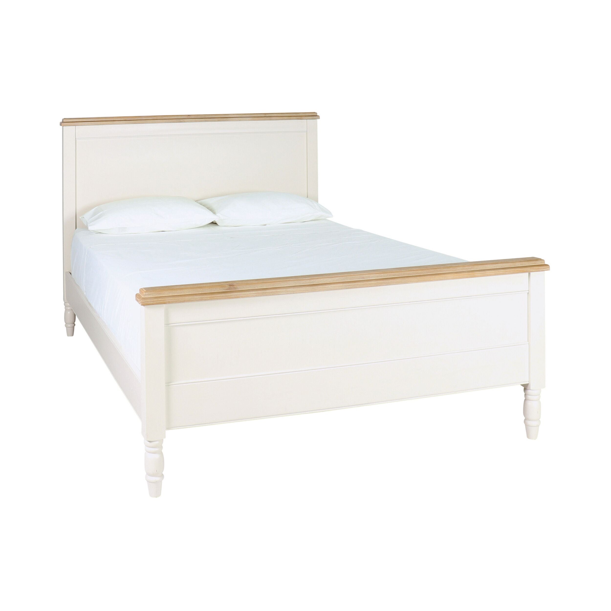 The Clover King Bed, inspired by Hamptons design, boasts a wooden frame in a white finish. It highlights a headboard and footboard enhanced with natural wood accents and includes two plush white pillows. This elegant timber piece seamlessly blends style and serenity in any bedroom setting.