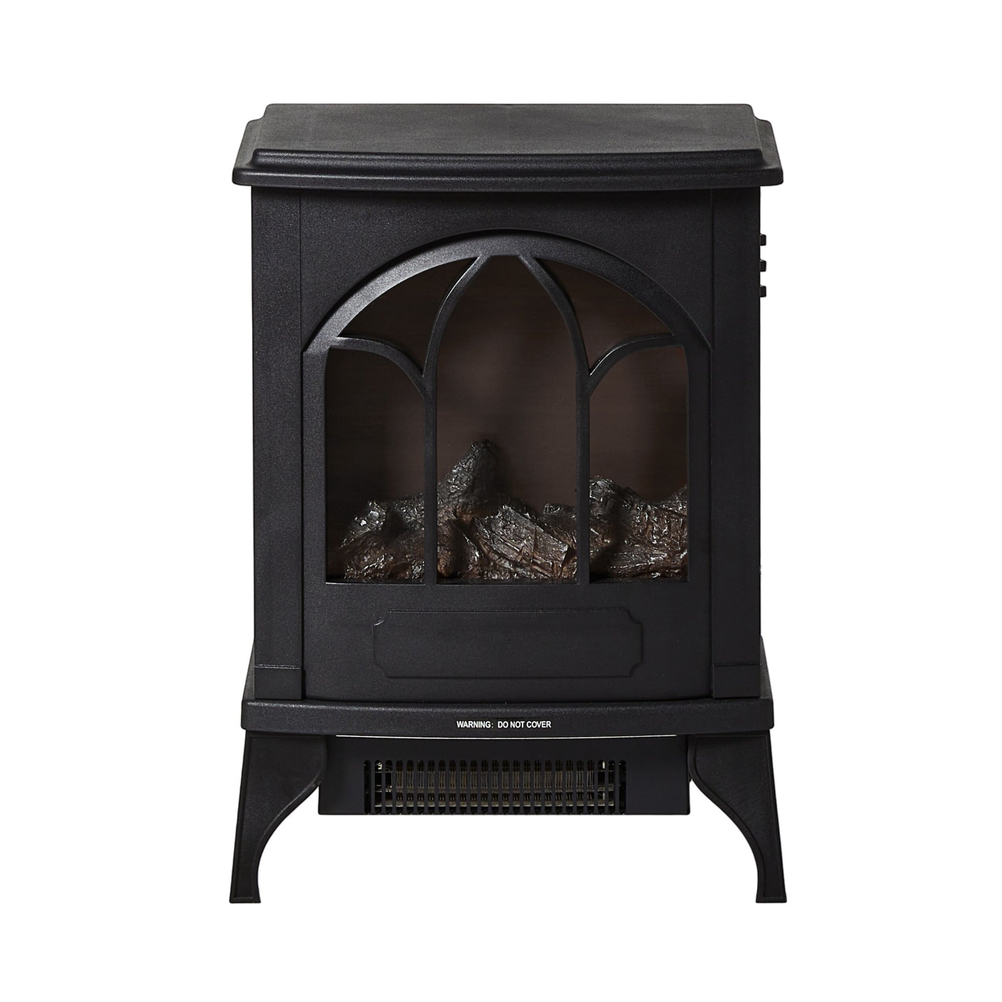 The Bromley Electric Fireplace (41x25.5x56.5cm) features a black finish, glass front with lifelike logs, and four legs. It offers built-in overheat protection and brings coastal country elegance to your space.