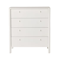 The Spintara 4 Drawer Chest White features simple round knobs, straight legs, and four spacious drawers, offering stylish bedroom storage. Photographed against a plain white background.