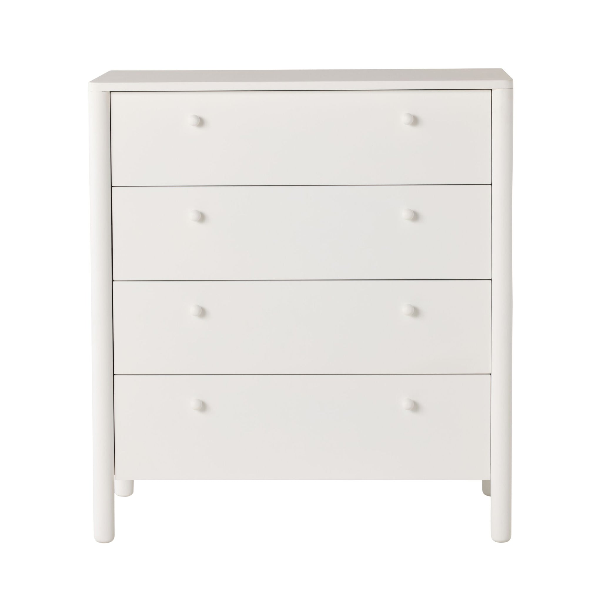 The Spintara 4 Drawer Chest White features simple round knobs, straight legs, and four spacious drawers, offering stylish bedroom storage. Photographed against a plain white background.