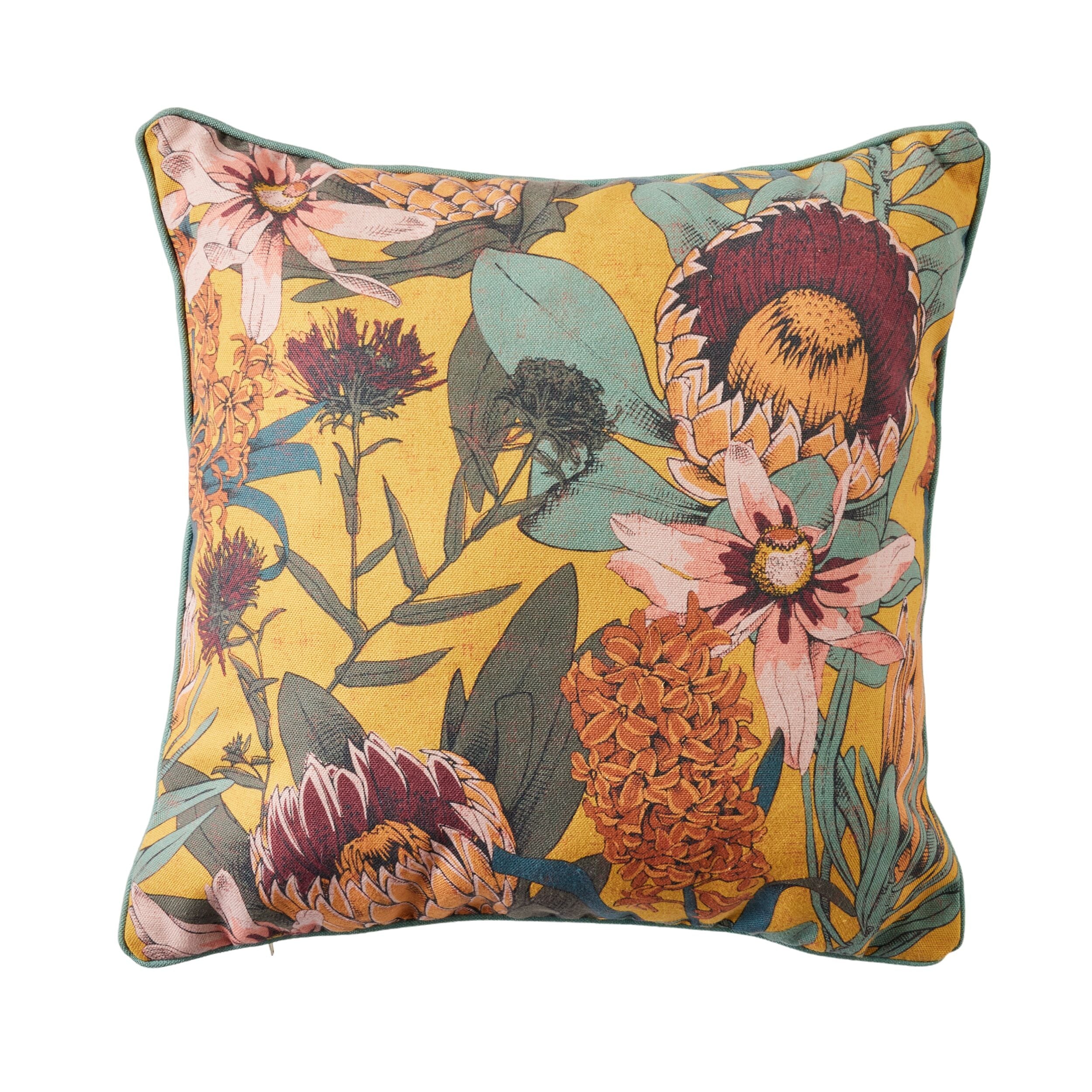 Aruba Protea on Mustard Cushion 45x45