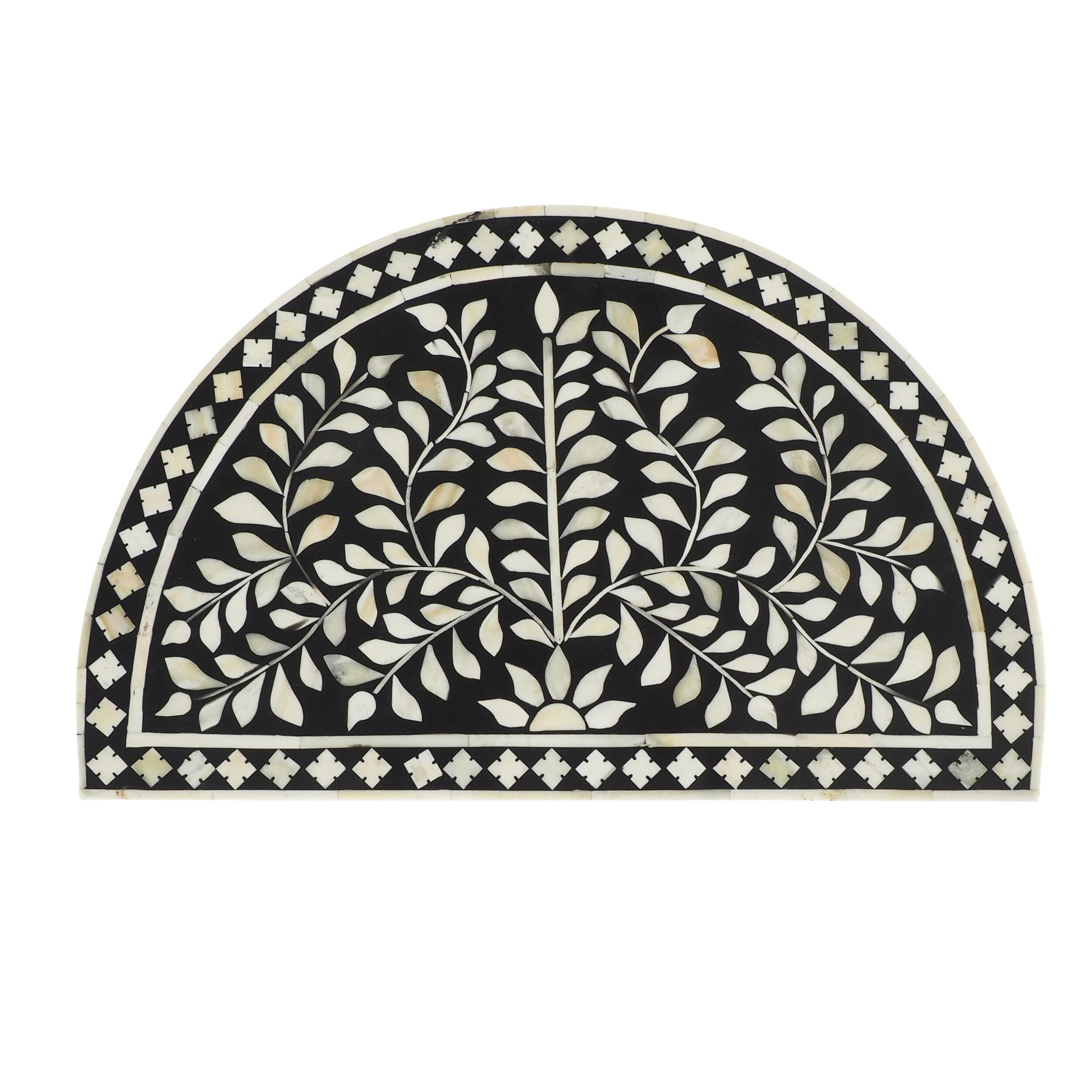 The Bone Inlay Half Moon Side Table in black, with a 44cm diameter and black frame, showcases intricate floral patterns and a geometric border inspired by buffalo bone inlay craftsmanship.