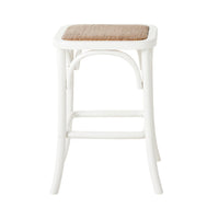 The Bastion Backless Bar Stool White features a coastal style with curved elm wood legs and a square woven seat, displayed against a plain white background.