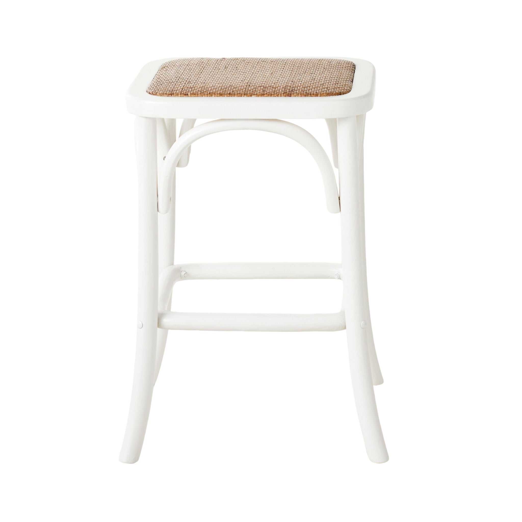 The Bastion Backless Bar Stool White features a coastal style with curved elm wood legs and a square woven seat, displayed against a plain white background.