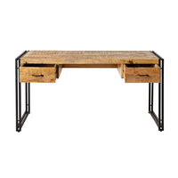 The Fulham 2 Drawer Desk is a rectangular mango wood desk with black steel legs and two open drawers, shown from the front against a white background.