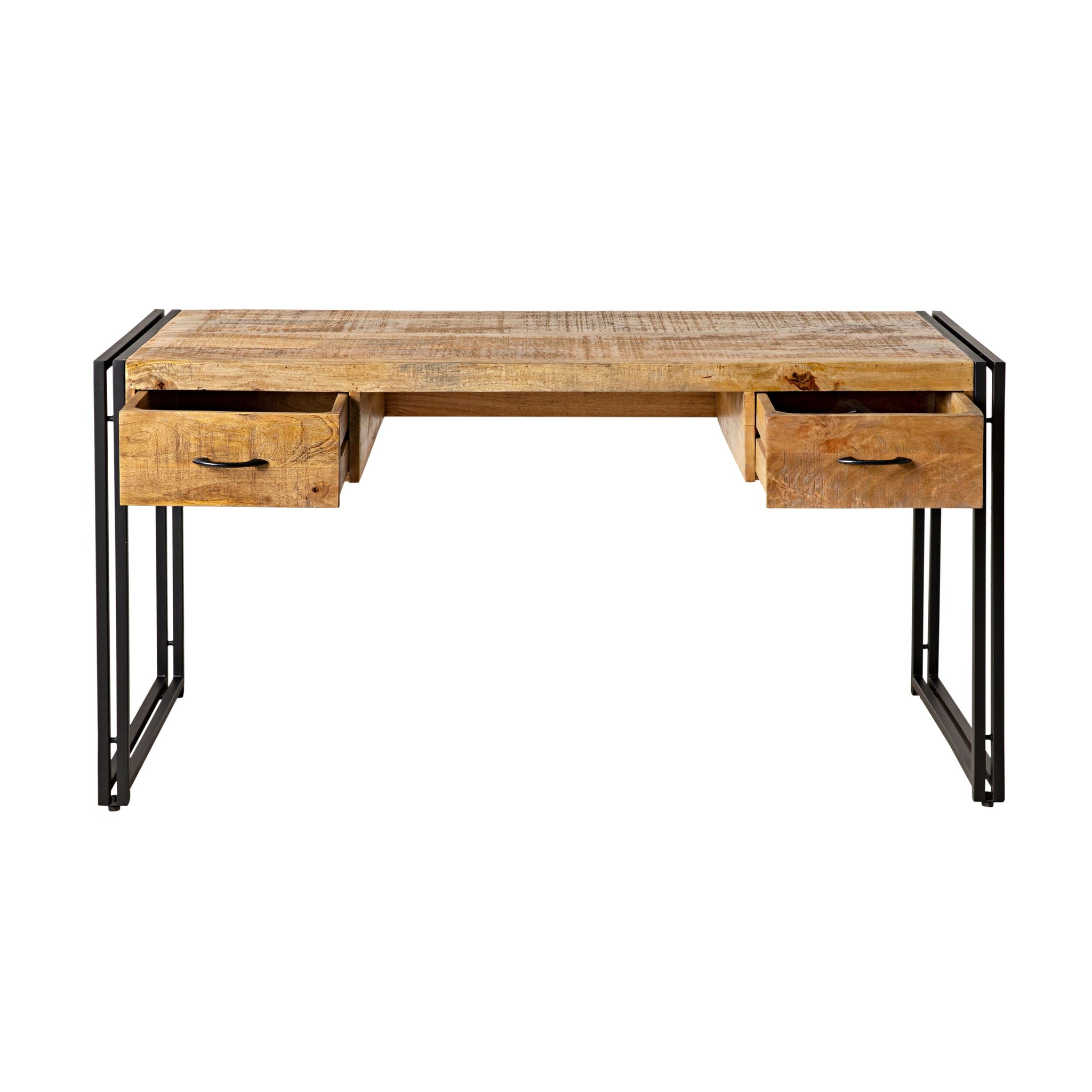 The Fulham 2 Drawer Desk is a rectangular mango wood desk with black steel legs and two open drawers, shown from the front against a white background.