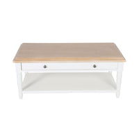 The Clover 1 Drawer Timber Coffee Table features a light wood top, white legs, a single storage drawer with two knobs, and a lower white shelf—ideal for adding modern style to your living space.