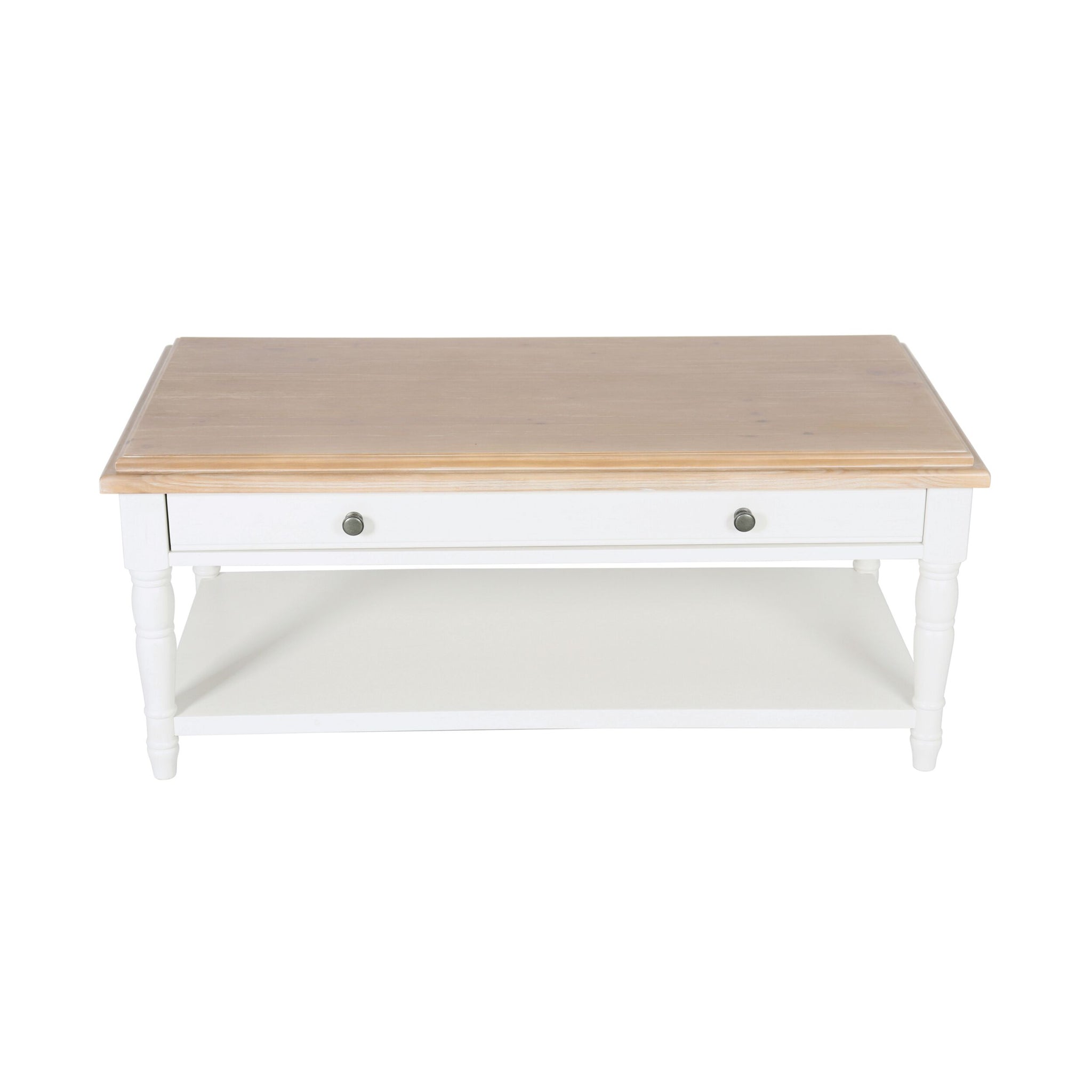 The Clover 1 Drawer Timber Coffee Table features a light wood top, white legs, a single storage drawer with two knobs, and a lower white shelf—ideal for adding modern style to your living space.
