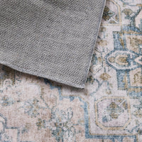 A close-up of the Manisa Washable Runner 80x200cm in gray textured fabric overlapping a patterned carpet with muted blue, beige, and gold tones.