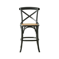 The Provincial Cross Back Dining Stool Black showcases a Parisian chic style with its cross back design and woven rattan seat, displayed from the front.