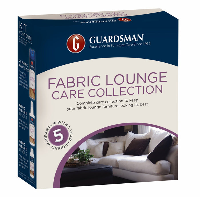 Guardsman Fabric Lounge Care Kit with 5 Year Warranty 5-8 Seats box showing the product name, warranty badge, a living room sofa image, and includes Fabric Protector Spray for long-lasting care and protection.