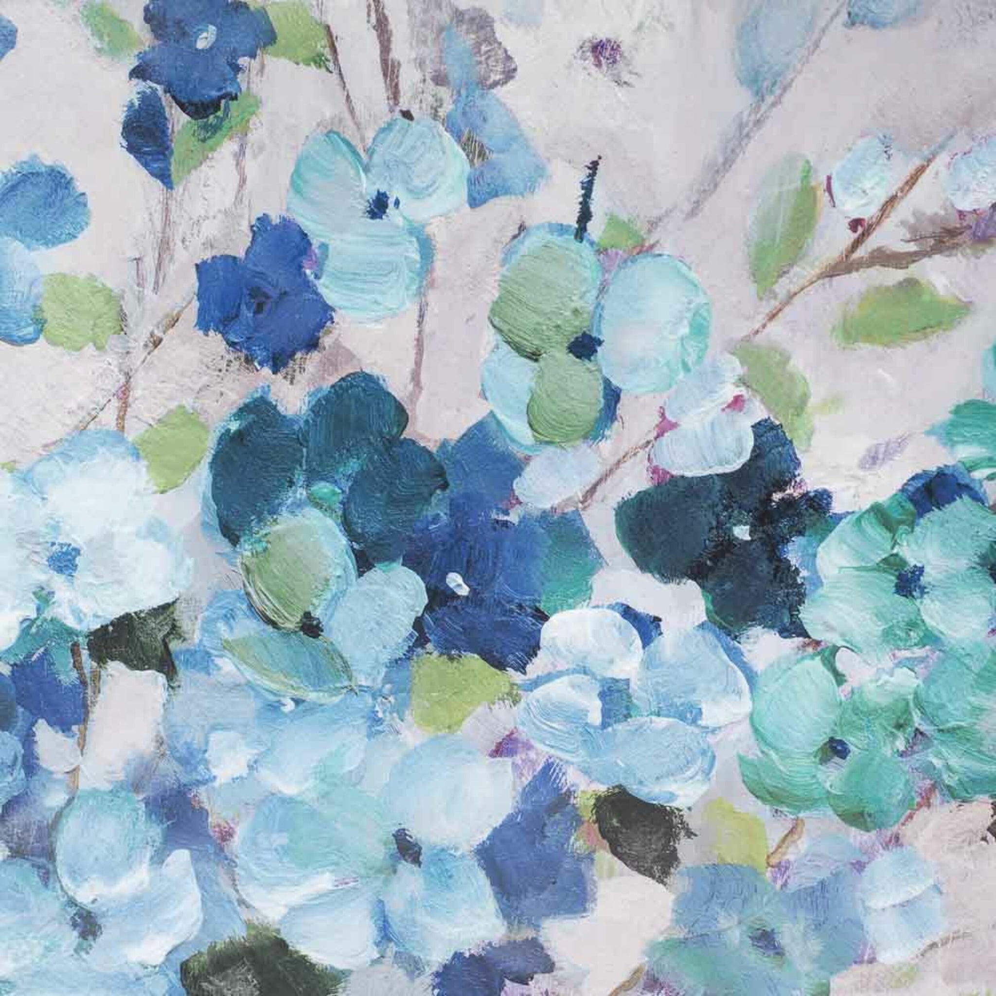 The Arthouse Sea Isle Wildflowers Framed Print in 57x57cm size features an abstract design of blue and turquoise flowers with green leaves on a light background. This framed print acts as a soothing decor piece, adding serene beauty to any space.