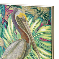 The Jungle Pelican Framed Canvas Print 100x100cm showcases a serene pelican illustration with detailed feathers set against vibrant tropical leaves, adding tranquility and a touch of the tropics to any décor.