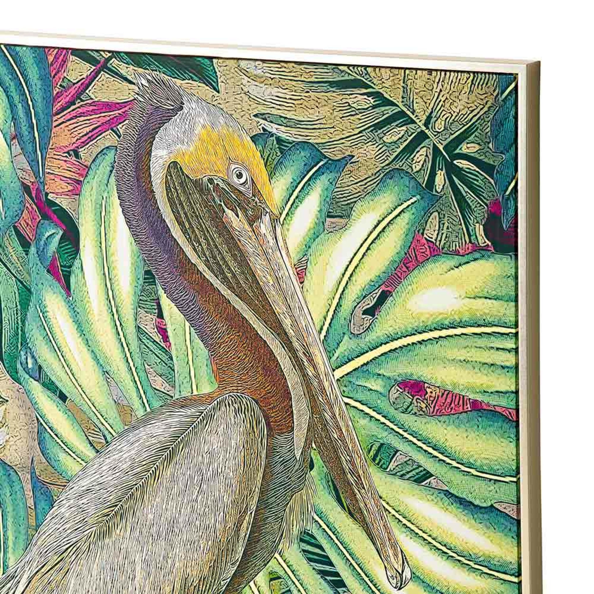 The Jungle Pelican Framed Canvas Print 100x100cm showcases a serene pelican illustration with detailed feathers set against vibrant tropical leaves, adding tranquility and a touch of the tropics to any décor.