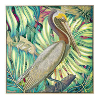 The Jungle Pelican Framed Canvas Print 100x100cm features an illustrated pelican on a branch surrounded by lush tropical leaves, bringing a calming and vibrant touch to any space. Perfect for adding a tropical flair to your decor.