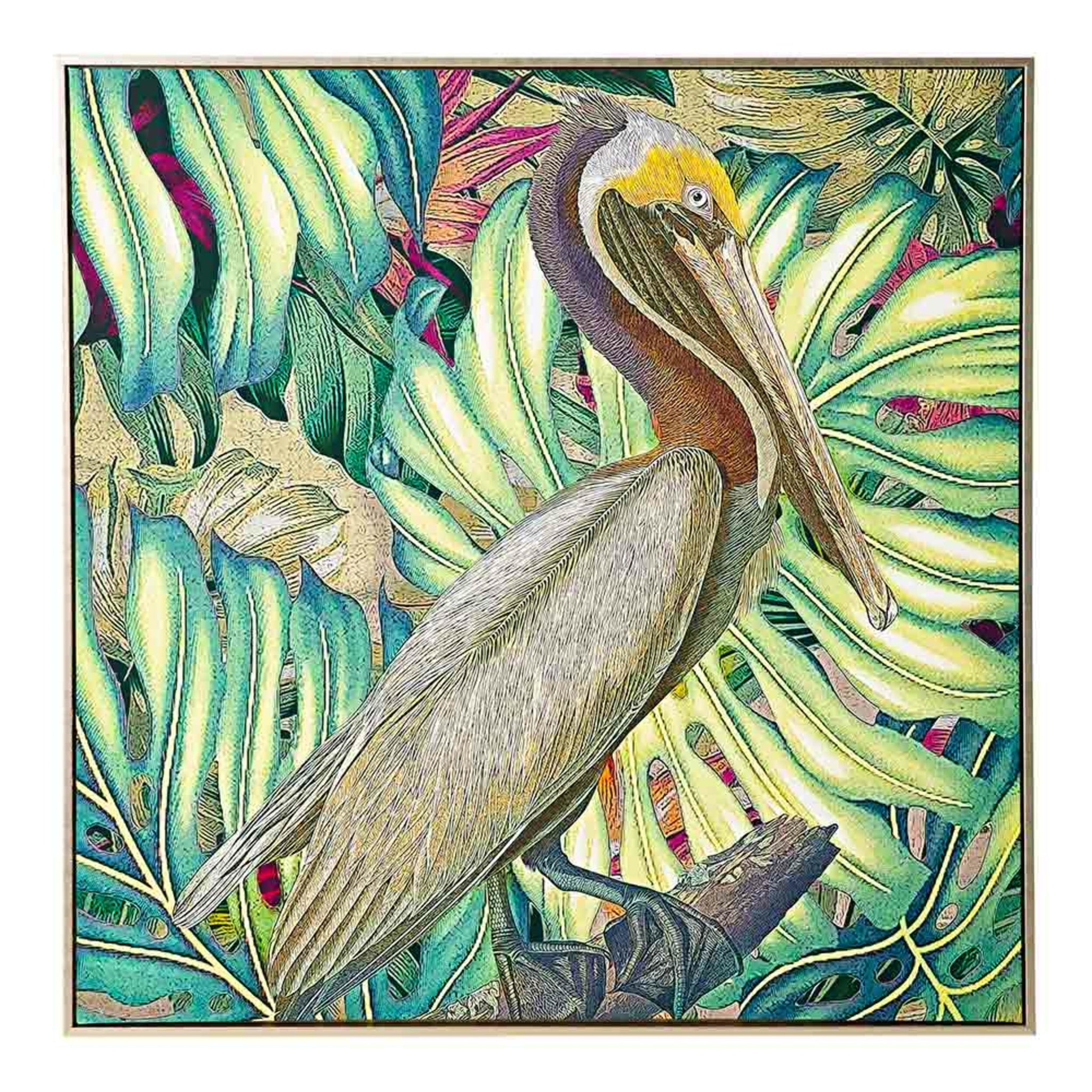 The Jungle Pelican Framed Canvas Print 100x100cm features an illustrated pelican on a branch surrounded by lush tropical leaves, bringing a calming and vibrant touch to any space. Perfect for adding a tropical flair to your decor.