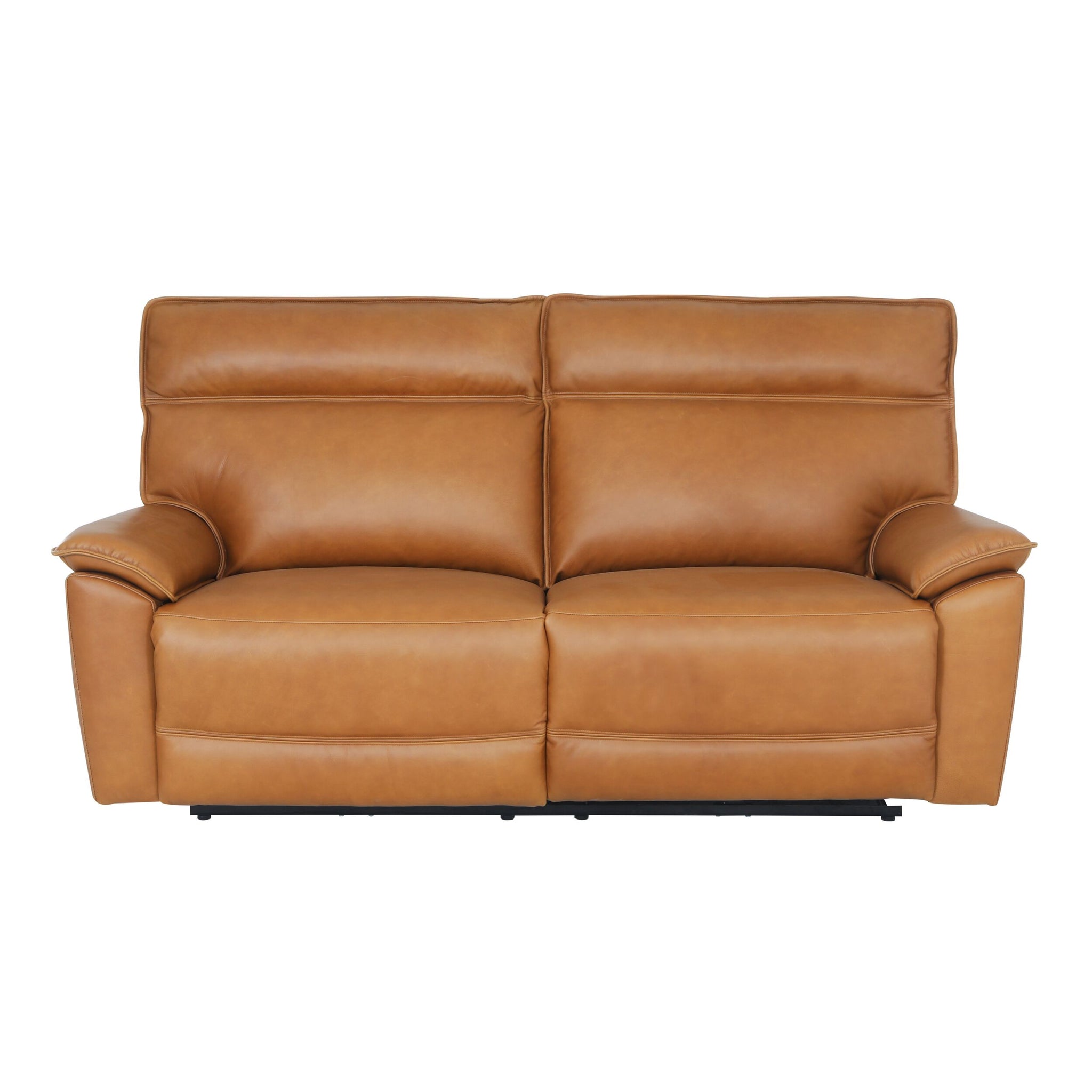 The Dillon 3 Seater Leather Recliner in Dakota Light Chestnut features cushioned arms and a high backrest, shown against a white background.