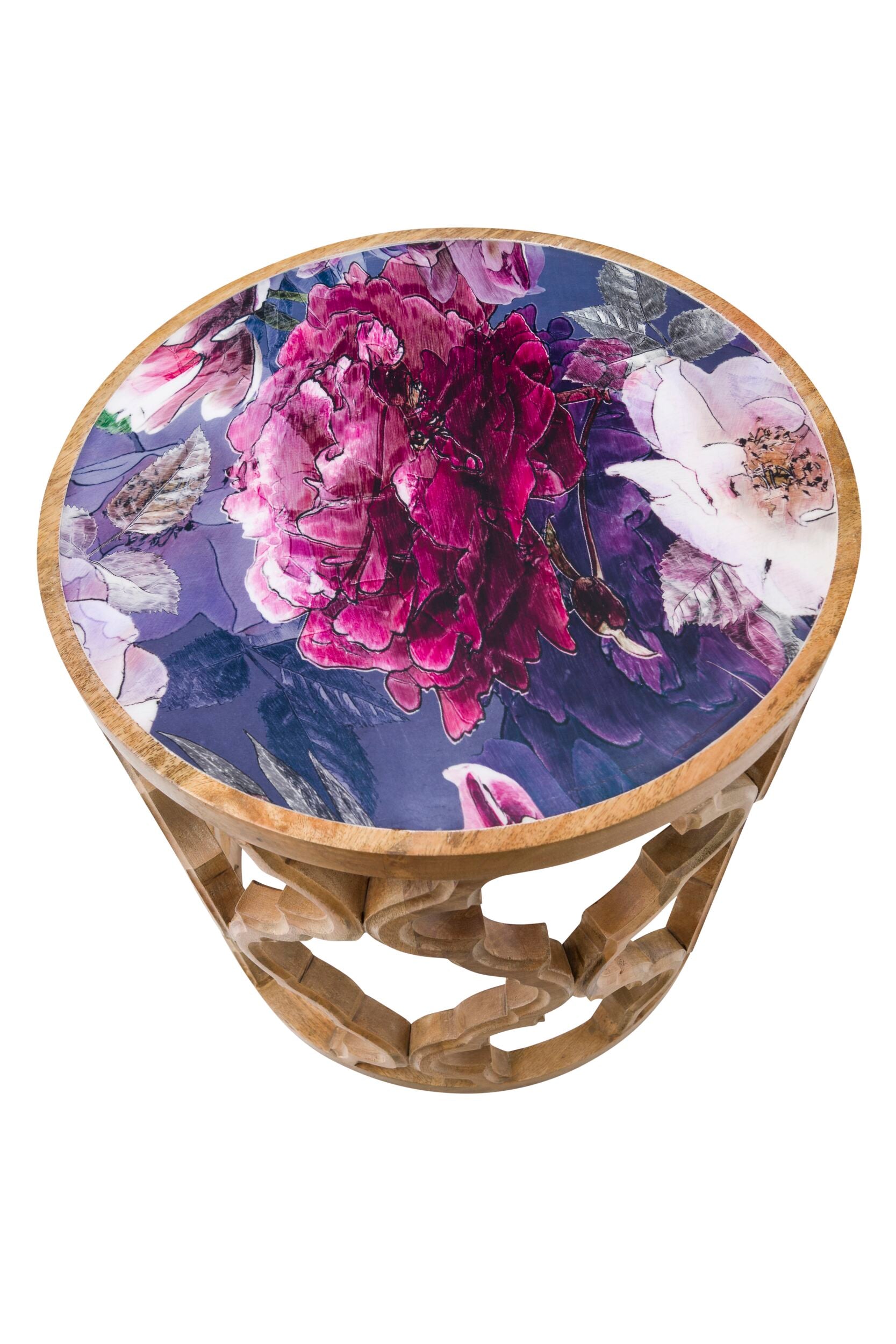 Eco Sole Peony Flower Carved Round Side Table Large 45.7x48.2cm