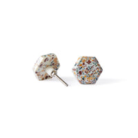 Speckle Hexa Knob 4.6cm earrings feature a hexagonal shape with a multicolored speckled terrazzo pattern and silver posts, shown on a white background.