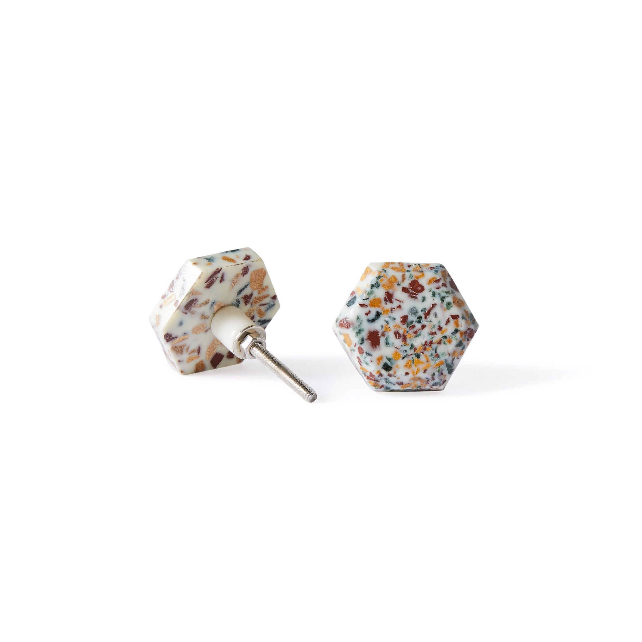 Speckle Hexa Knob 4.6cm earrings feature a hexagonal shape with a multicolored speckled terrazzo pattern and silver posts, shown on a white background.