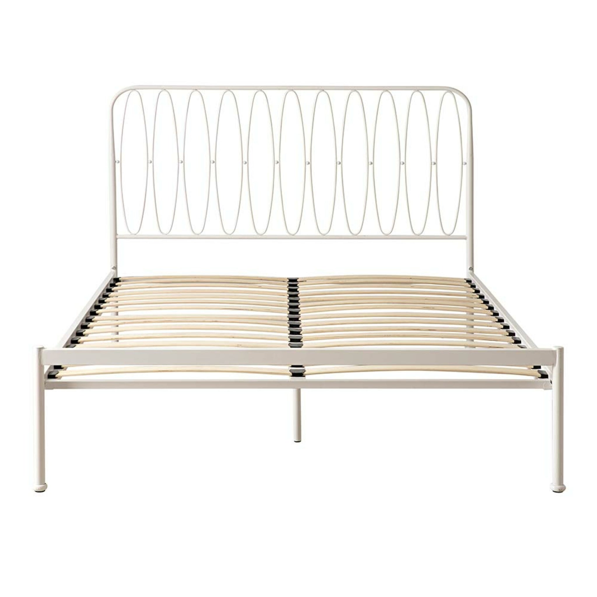The Maya Queen Bed features a white metal frame with a minimalist headboard, powder-coated finish, and sturdy timber slats for durable mattress support, blending durability with style.