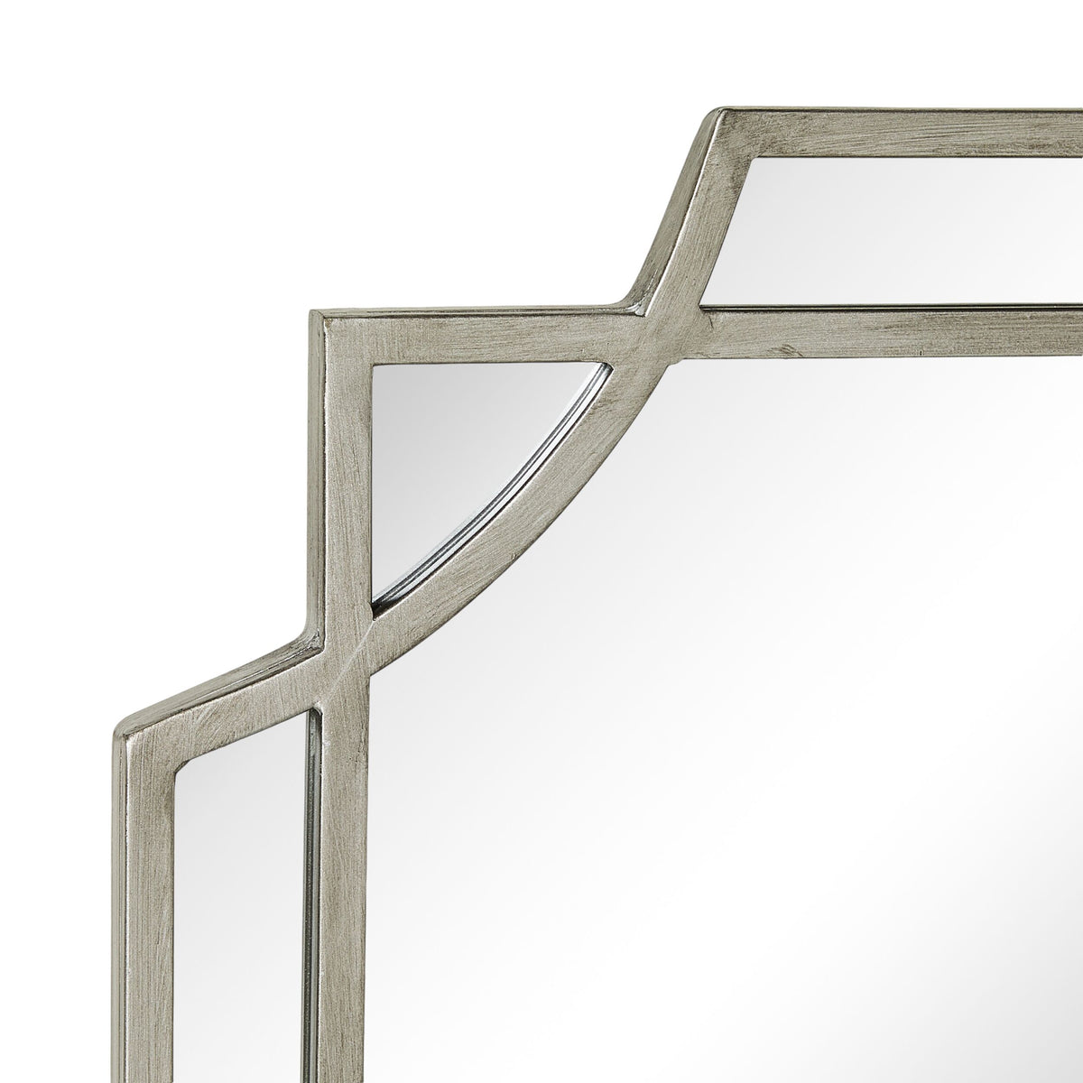 Close-up of the Dominique Emerald Mirror Silver 90x60cm, highlighting its metallic geometric frame and reflective surface—a striking Deco-inspired statement piece for any space.