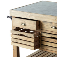 The Carter 2 Drawer Island Bench features a bluestone top, two small drawers with metal handles, slatted lower shelves, and two removable wooden crates for a rustic touch.