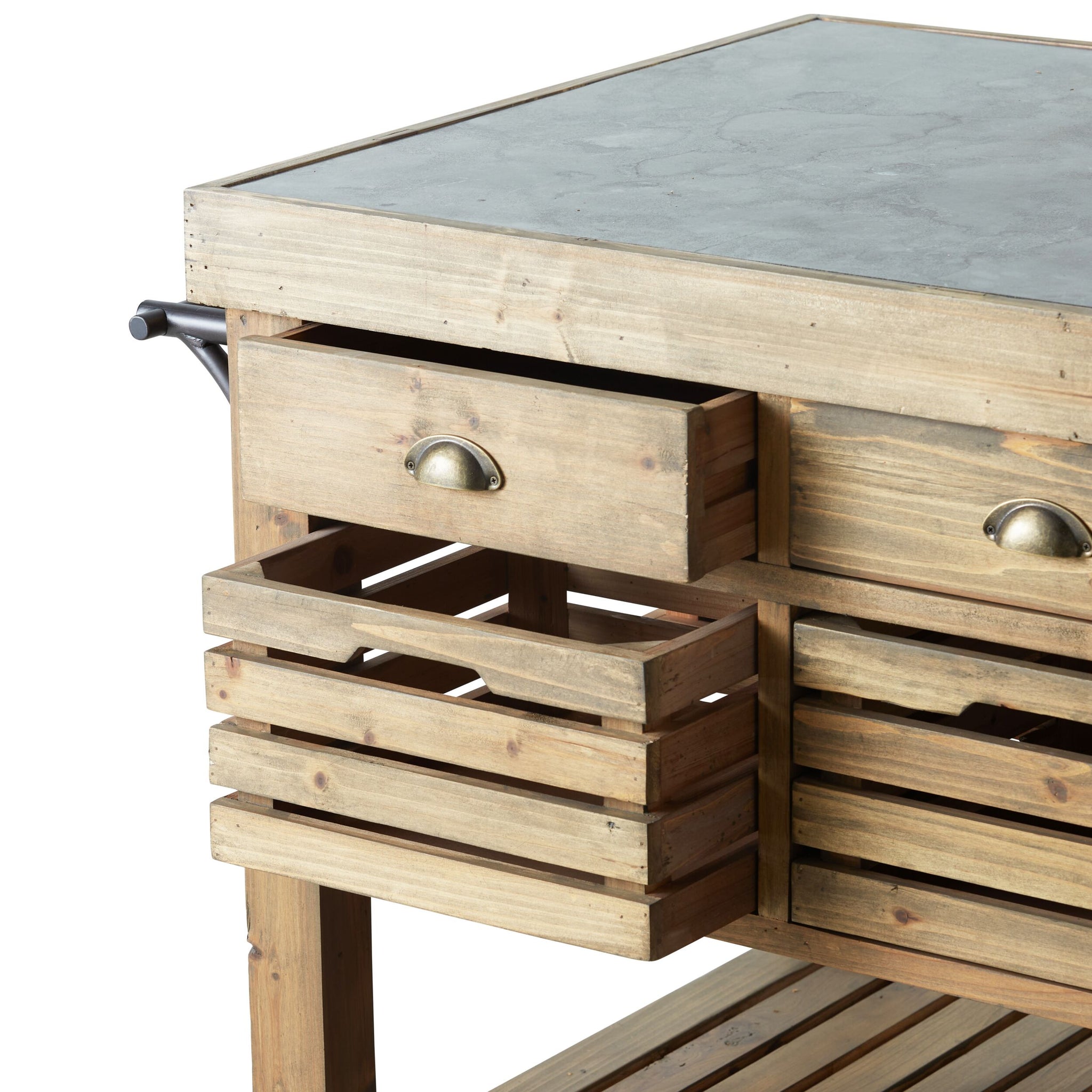 The Carter 2 Drawer Island Bench features a bluestone top, two small drawers with metal handles, slatted lower shelves, and two removable wooden crates for a rustic touch.