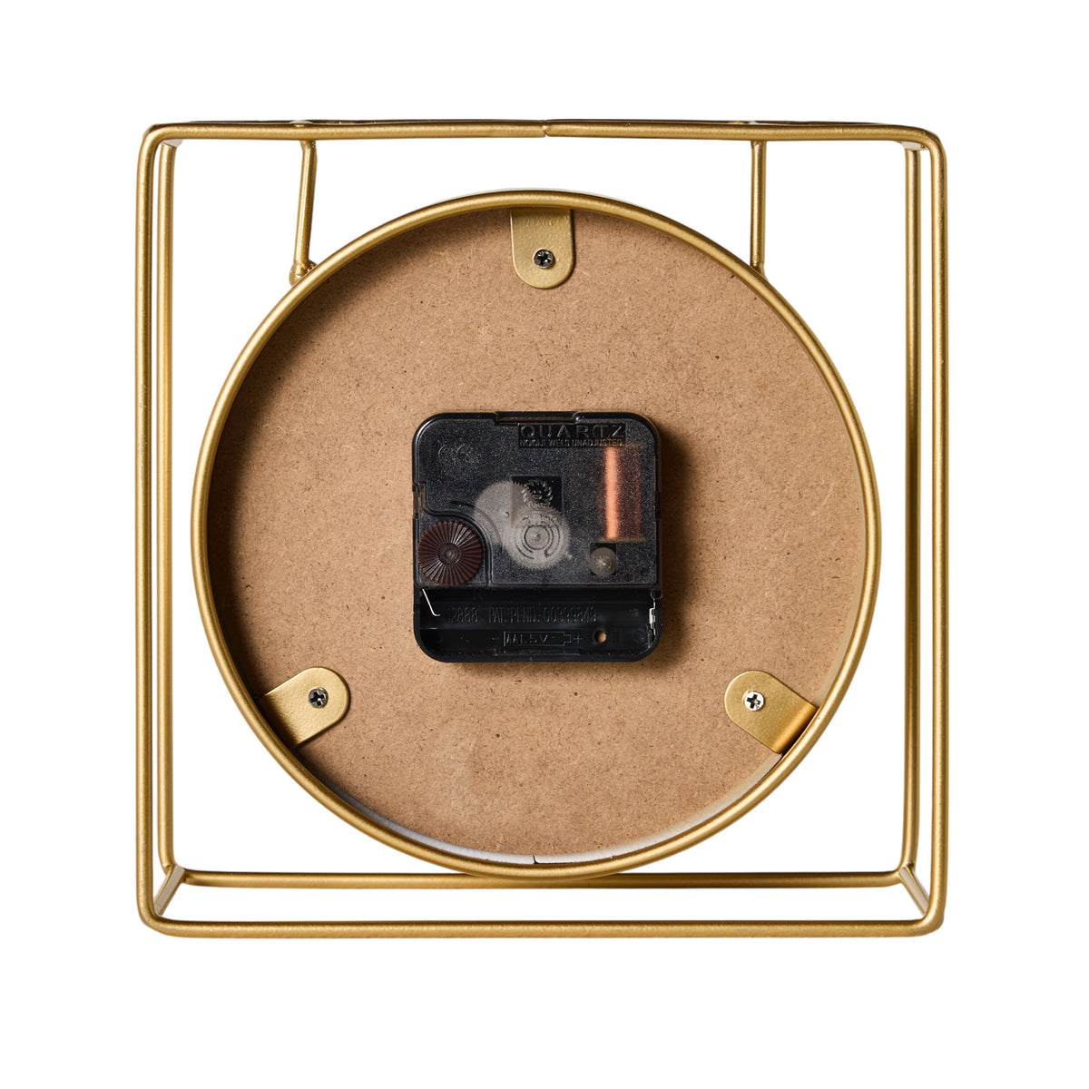 Back view of the Caged Mantel Clock Gold 18x18x7cm, showing its round metal frame along with the exposed battery compartment and clock mechanism.