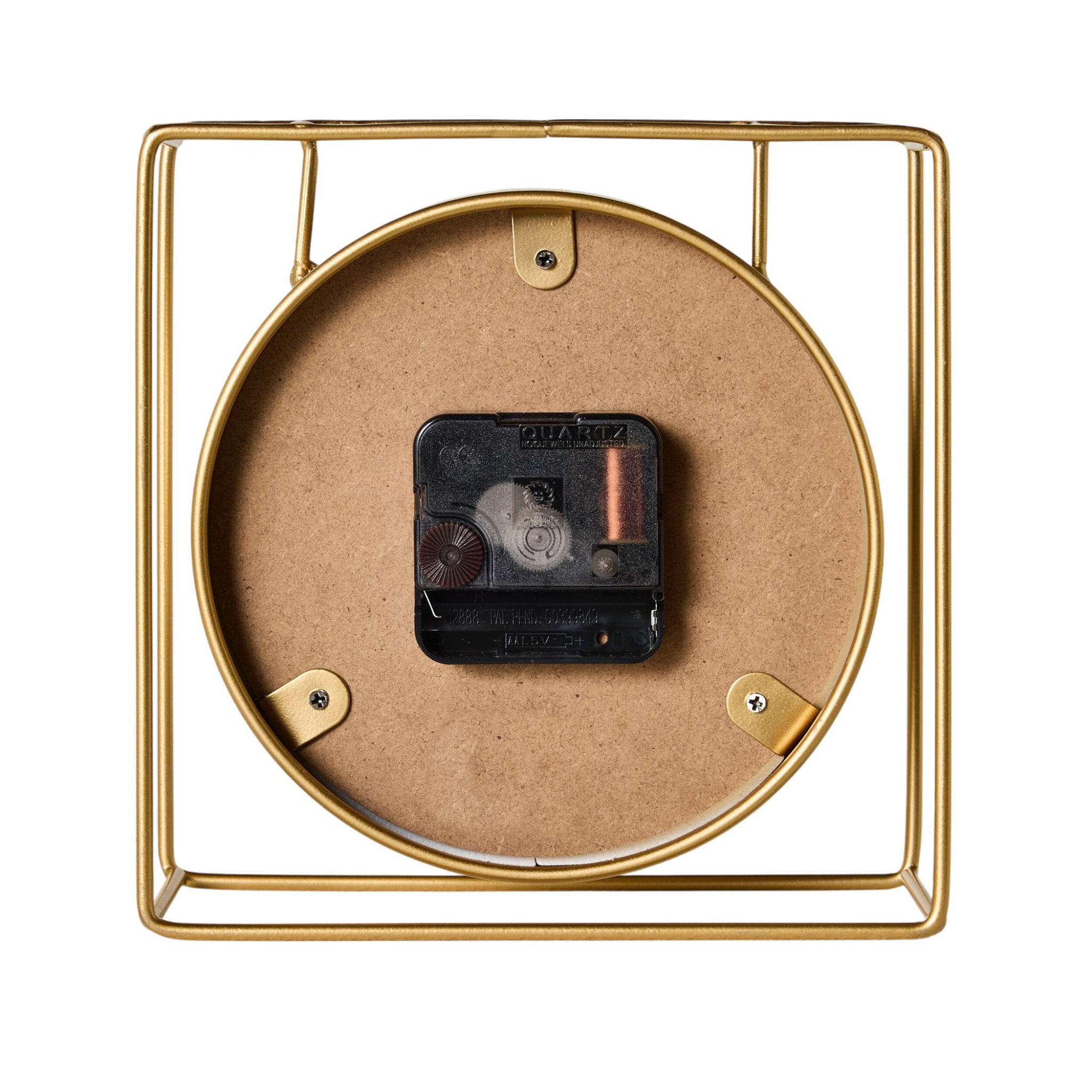 Back view of the Caged Mantel Clock Gold 18x18x7cm, showing its round metal frame along with the exposed battery compartment and clock mechanism.