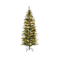 The 180cm Celeste Pencil Pine Christmas Tree showcases a slim silhouette, adorned with 220 LED lights evenly distributed along its tall frame, all supported by a black metal stand.