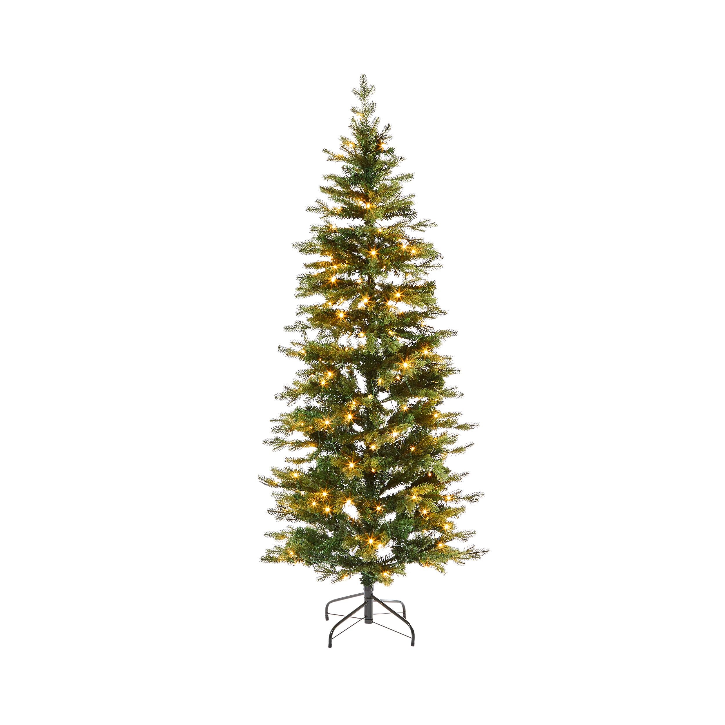 The 180cm Celeste Pencil Pine Christmas Tree showcases a slim silhouette, adorned with 220 LED lights evenly distributed along its tall frame, all supported by a black metal stand.