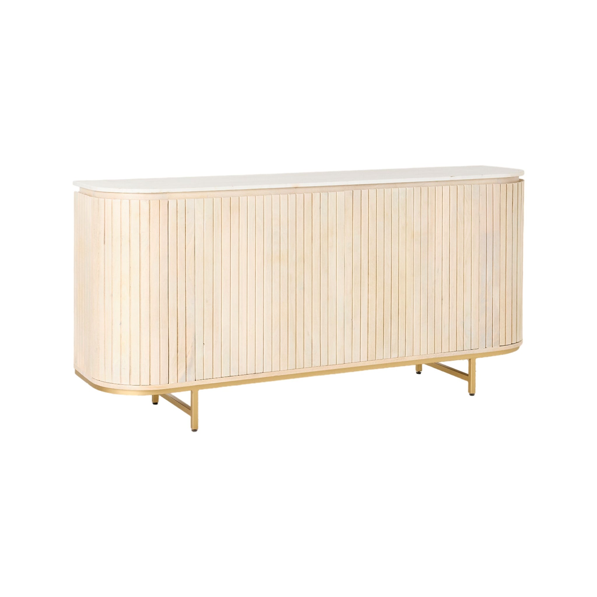 The Deva 4 Door Buffet (170 x 80 x 43cm) is crafted from white wash mango wood with vertical slats, rounded corners, and gold metal legs, shown against a white background.