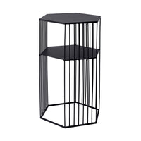 Meet the Hendrix Bedside Table: a modern side table designed with black powder-coated iron, vertical bars, and two hexagonal shelves. Its sleek geometric style combines elegance and functionality perfectly for any contemporary room.