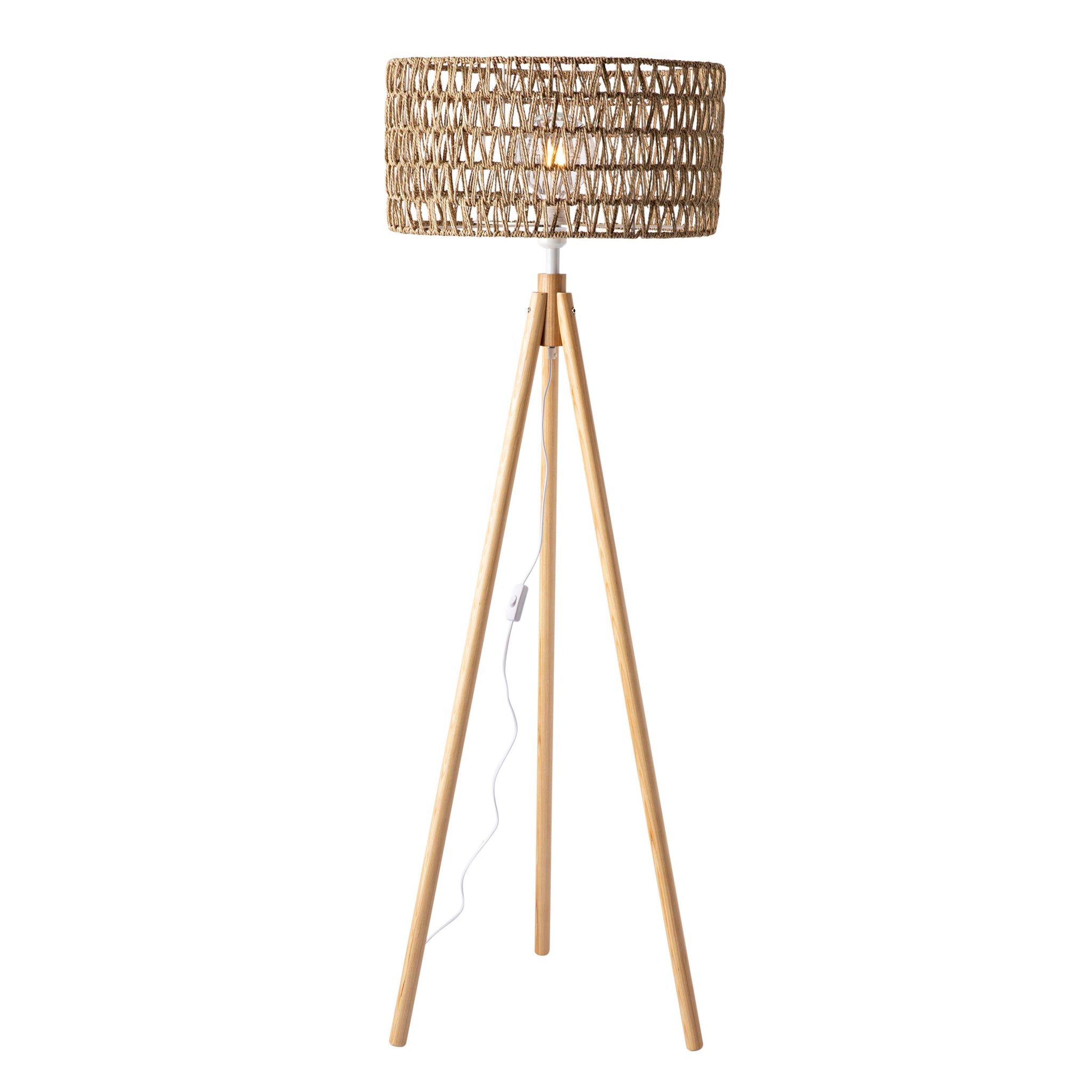 The Lexi Seagrass Natural Tripod Floor Lamp (165x45cm) features a woven rattan shade, wooden tripod base, and visible power cord with inline switch, bringing coastal-inspired lighting to your space.