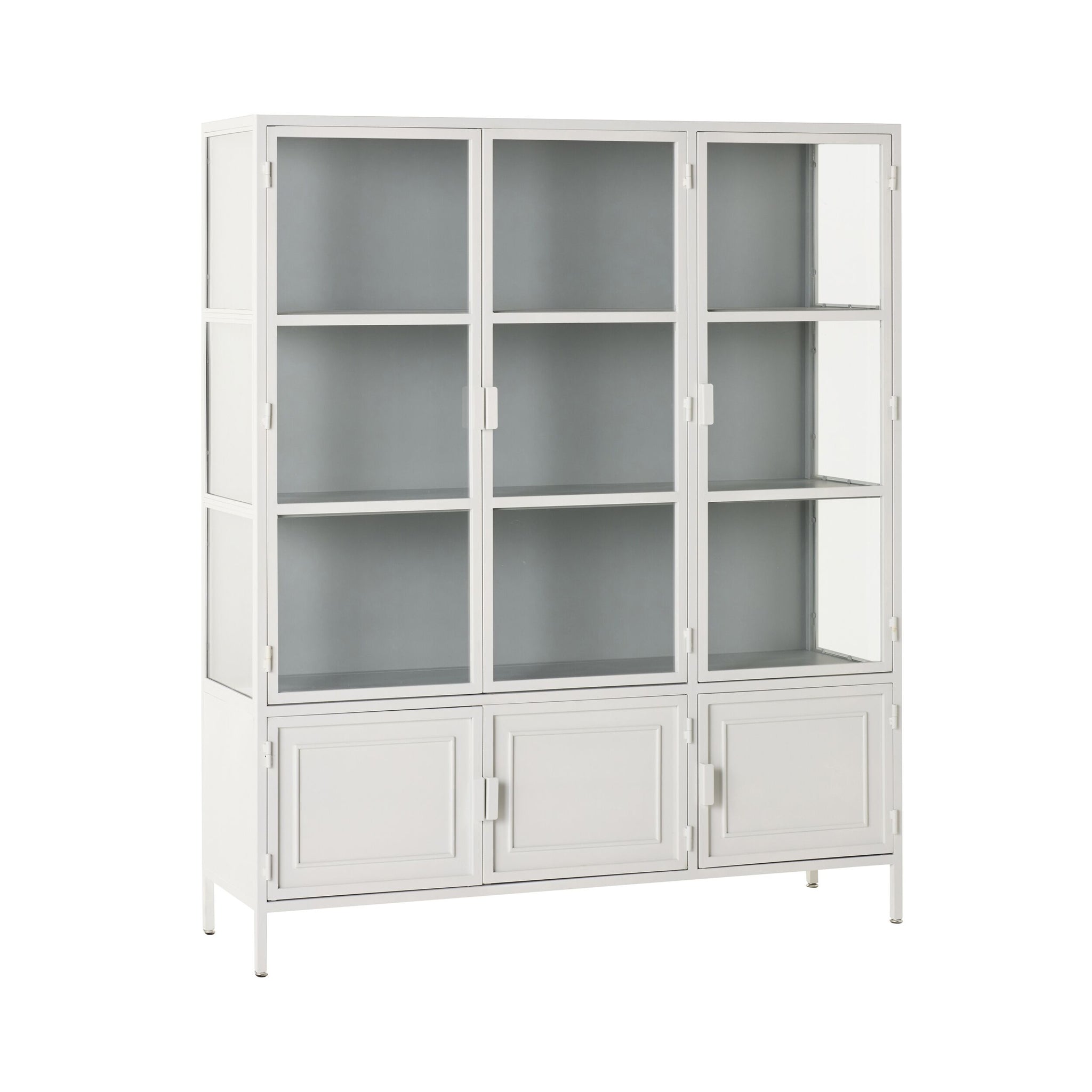 The Nero 6 Door Display Cabinet (135 x 40 x 160cm, White & Grey) has a sleek powder-coated finish, three glass doors with shelving above, and three solid panel doors with modern storage compartments below.
