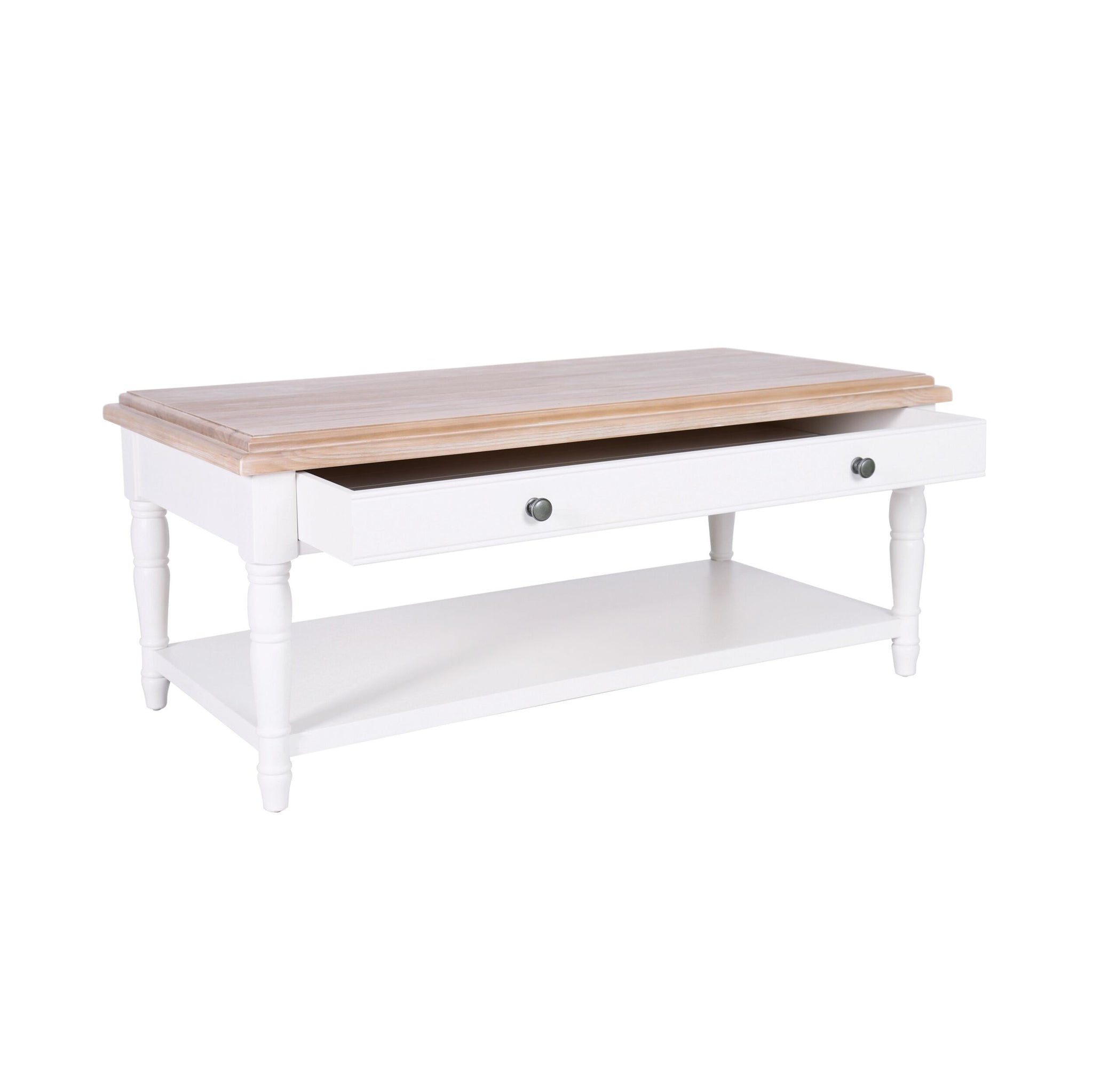 Perspective of coffee table from front with drawers visible, wooden top and shelf underneath.