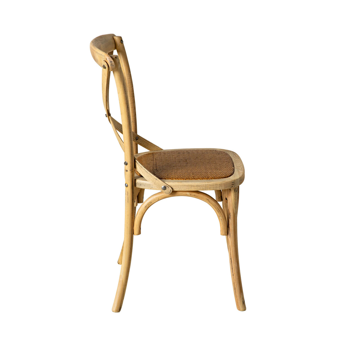 Side view of the Provincial Cross Back Dining Chair in Natural Oak, featuring a curved backrest and woven rattan seat with French Provincial style, photographed on a white background.