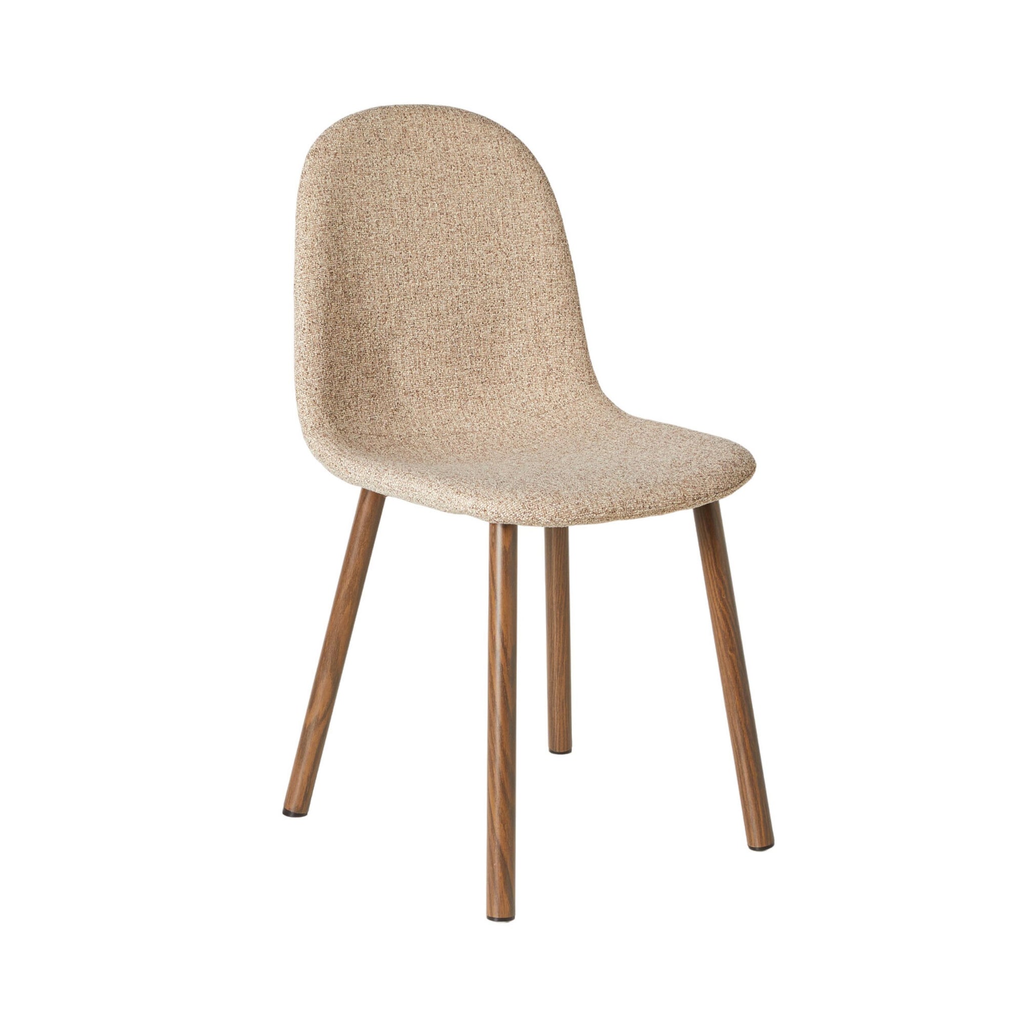 Introducing the Knox Dining Chair Boucle Cream: a masterpiece featuring a cream fabric seat with rich chocolate-toned wood legs, elegantly displayed on a pristine white background.