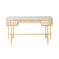 The Deva Large Desk 150 x 79 x 61cm features a light mango wood finish, marble top, and slim gold metal legs, shown against a white background.