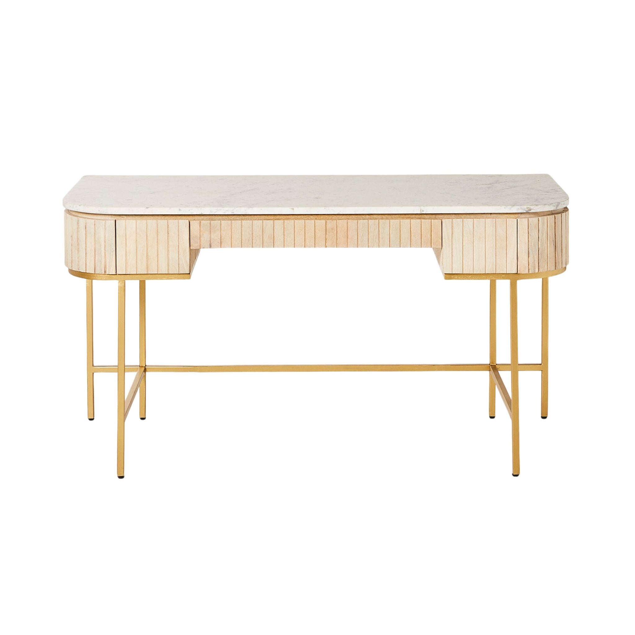 The Deva Large Desk 150 x 79 x 61cm features a light mango wood finish, marble top, and slim gold metal legs, shown against a white background.