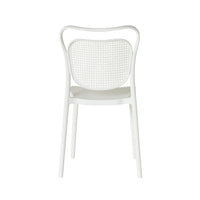 The Frankie Dining Chair White showcases a curved backrest and perforated pattern, made from durable polypropylene. Displayed from the back on a plain white background.