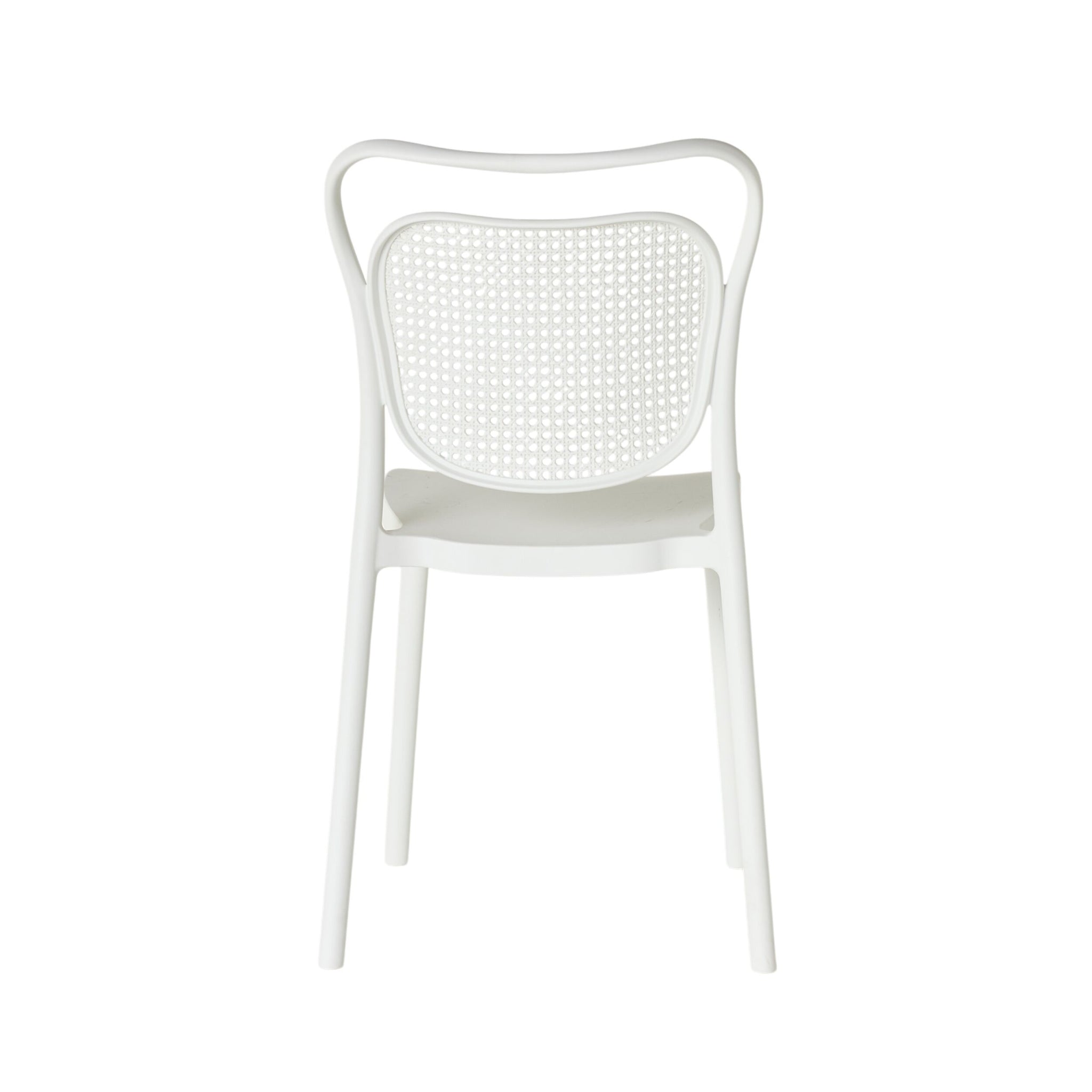 The Frankie Dining Chair White showcases a curved backrest and perforated pattern, made from durable polypropylene. Displayed from the back on a plain white background.