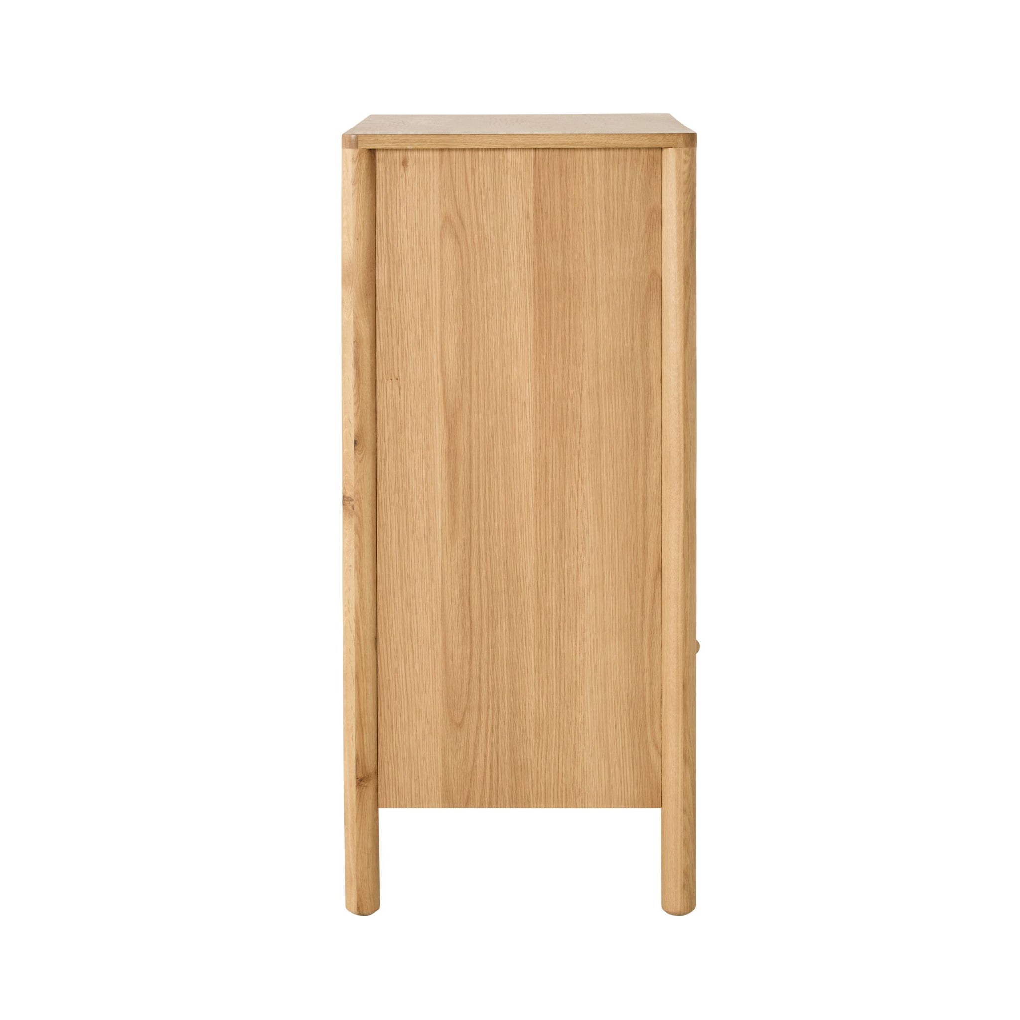 Side view of the Spintara 4 Drawer Chest Light Oak, featuring a flat top, four straight legs, and a plain vertical wood grain panel—perfect for enhancing your oak bedroom décor or matching with other Spintara furniture.