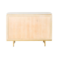 The Deva 2 Door Buffet (114 x 80 x 43cm) is a wooden sideboard made from whitewashed mango wood with a light finish, minimal brass legs, and an optional marble top, viewed frontally against a white background.