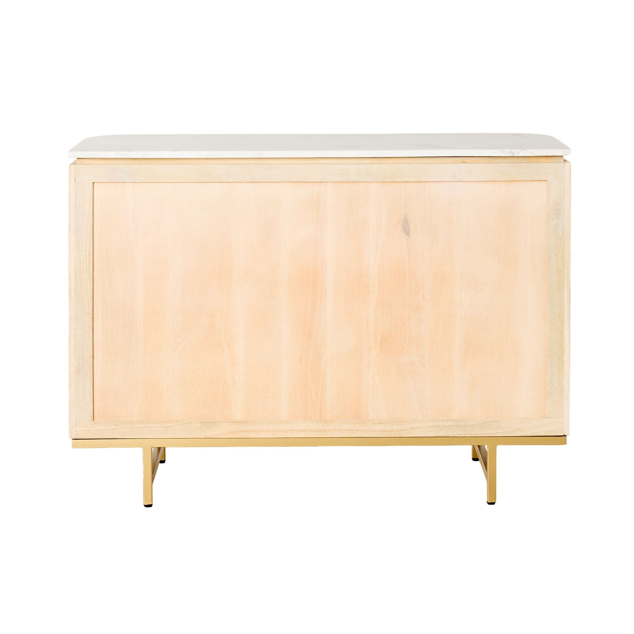 The Deva 2 Door Buffet (114 x 80 x 43cm) is a wooden sideboard made from whitewashed mango wood with a light finish, minimal brass legs, and an optional marble top, viewed frontally against a white background.